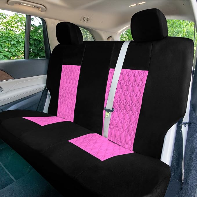 Universal Fit Diamond Stitched Flat Cloth Car Seat Covers Full Set - Pink