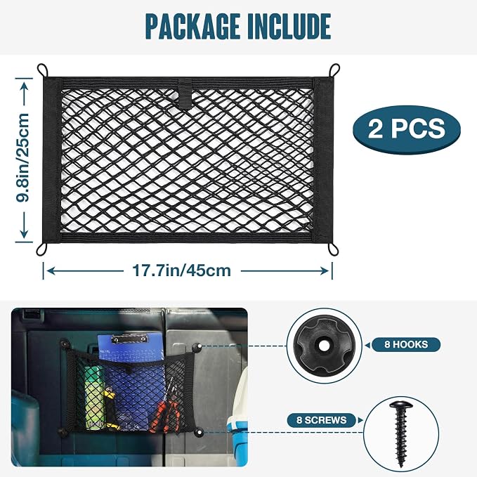 TOBWOLF 2PCS 25x45cm/9.8x17.7in Cargo Storage Net with Mounting Screws, Elastic Storage Mesh Pocket Netting, Built-in Hooks Automotive Cargo Netting Storage Pouch for Trunk, RV, Boats, Campers
