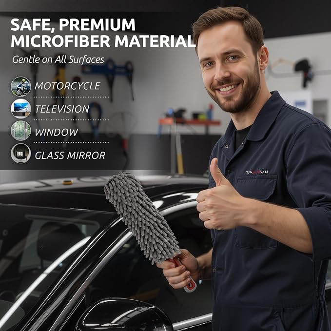 Car Duster Interior by TAKAVU, 360° Microfiber Fingers, Unbreakable Comfort Handle, Lint and Scratch Free, Include Microfiber Towel, for Car & Home Use, The Best Auto Accessories Gray