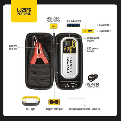 Stanley LJ25FC 2500 Peak Amp Lithium Jump Starter with USB Power and Carrying Case