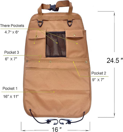 Car Seat Back Organizer with Multiple Pockets and Hooks (brown)