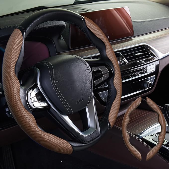 WOCOCN 2pcs Car Steering Wheel Cover,Anti-Skid Carbon Fiber Steering Wheel Protector for Men Women,Multiple Color Options,Universal for Most Car Interiors Accessories (Brown)