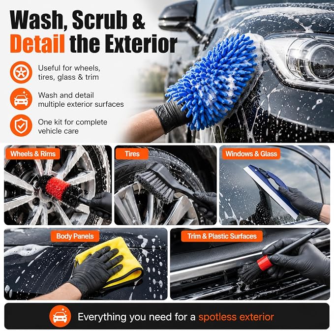 18-Piece Car Detailing Kit – Complete Car Interior Detailing Kit and Exterior Cleaning Set with Detail Brushes, Wire Brushes, Waxing Mop, and Microfiber Accessories for Vehicles