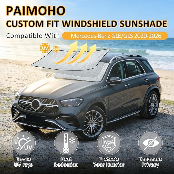 Thickened Sun Shade for Mercedes-Benz GLE/GLS SUV 2020-2026 | Accordion Front Window Sunshade Aluminum Windshield Protection Shield, Foldable Sun Visor with Storage Bag Car Accessories