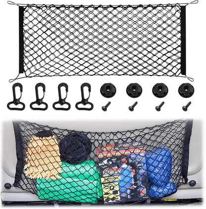 Cargo Net, Premium Dual-Layer Nylon Cargo Net for SUV, Automotive Exterior Accessories, Adjustable Elastic Trunk Net with Hook, Car Accessories for SUV, Truck, Pickup(43.3x15.7 Inch)