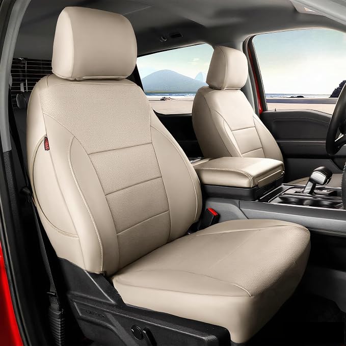 coverdream F150 Seat Covers for 2021-2026 Ford F150 SuperCrew XL,XLT,STX/F150 Lightning(2022-24) & 2023-2026 F250/F350/F450 CrewCab XL,XLT,Fully Covered,Leather Seat Protector(Full Set,Beige)