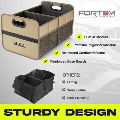 FORTEM Car Trunk Organizer, Collapsible Two Compartment Organizer, Foldable SUV & Truck Storage for Car Accessories for Women Men, Non Slip Bottom, Sturdy Side Walls, Strong Handles, 45L