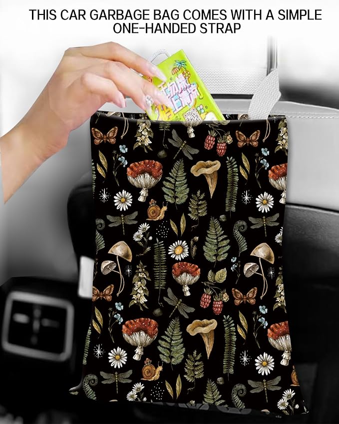 Hanging Car Trash Can Bag - Boho Brown Mushroom Design, Back Seat Organizer for Travel, Camping, Vehicle Accessories