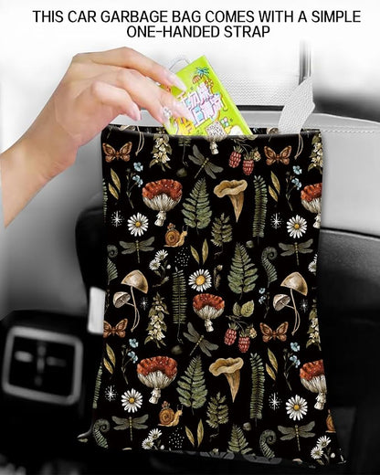 Hanging Car Trash Can Bag - Boho Brown Mushroom Design, Back Seat Organizer for Travel, Camping, Vehicle Accessories