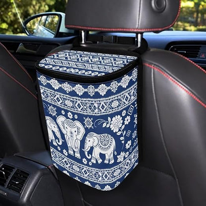 Talayituse Boho Mandala Elephant Print Car Trash Can with Lid, Leak Proof Auto Trash Bag Hanging Vehicle Garbage Can Multipurpose Storage Container for Back Seat Road Trip