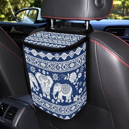 Talayituse Boho Mandala Elephant Print Car Trash Can with Lid, Leak Proof Auto Trash Bag Hanging Vehicle Garbage Can Multipurpose Storage Container for Back Seat Road Trip