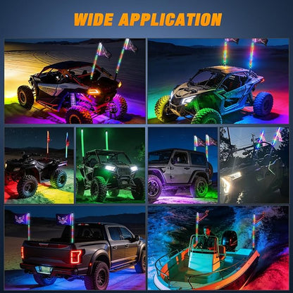 Nilight 2PCS 3FT RGB LED Whip Light with Spring Base and 6 PCS Rock Lights Combo, Remote App Control w/DIY Chasing Patterns Turn Signal Brake Reverse Antenna Lighted Whips for ATV UTV Polaris RZR Jeep