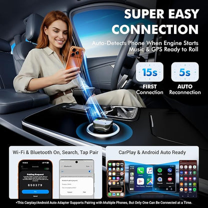 2026 Upgraded 2-in-1 Wireless CarPlay Adapter for iPhone & Android Auto, Plug and Play, Convert Wired to Wireless, Fast Auto-Connect & No Latency, USB-A/USB-C for 98% Factory Wired Cars