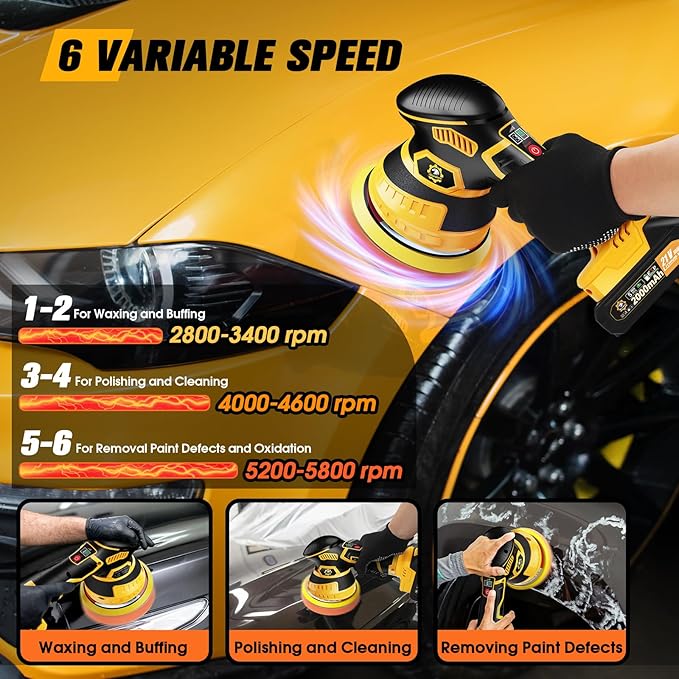 Cordless Car Buffer Polisher kit [2x 2000mAh 21V Batteries & 18 PCS Attachments] 6-Speed Orbital Design, LED Display, Lightweight Detailing Tool for Waxing, Polishing & Scratch Removal-Yellow