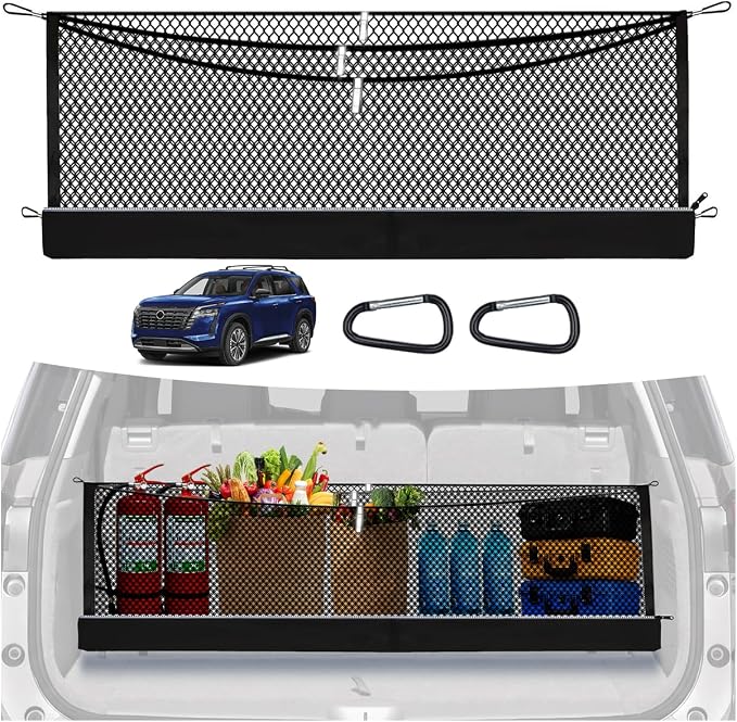 3-Layer Cargo Net for Nissan Pathfinder 2022-2026, Multi-Zone Trunk Storage Net with Zippered Bottom Bag, Heavy-Duty Cargo Organizer Netting for Camping, Travel & Daily Use