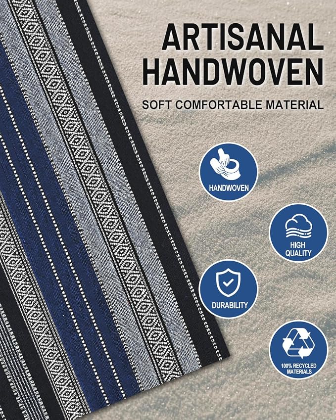Baja Saddle Blanket Car Seat Covers Full Set with Seat Belt Pads and Steering Wheel Cover, Washable Breathable Striped Woven Cloth Seat Covers for Cars, SUV, Truck(Blue,Large)