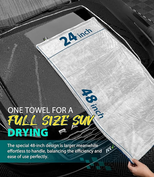 KKV Full-Sized SUV Drying Towel, 48”x24” Dual Sided Microfiber Car Cleaning Towel with Twisting Yarn Technique, 1400GSM Super Absorbent, Scratch-Free, Machine Washable (LightGrey-MarineBlue)