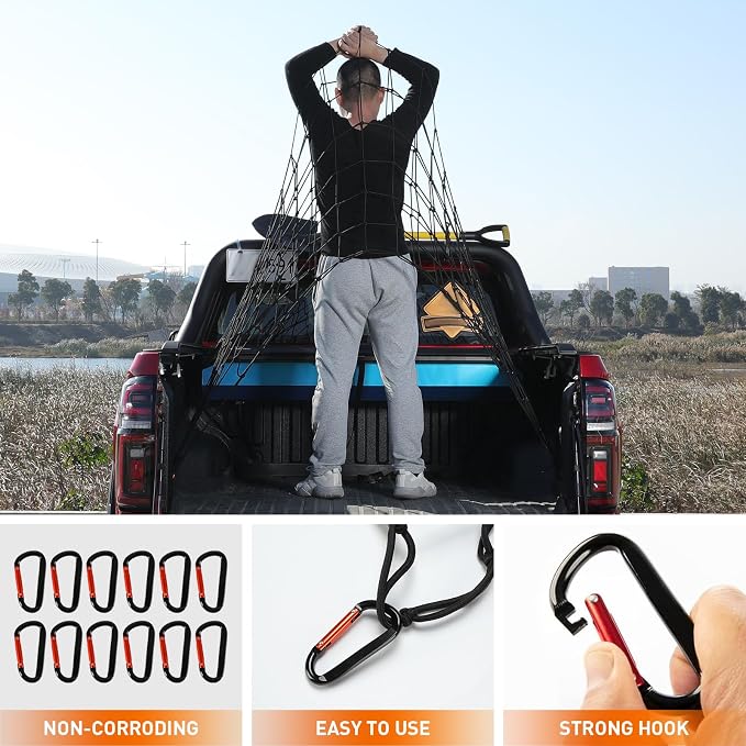Suu66 Heavy Duty Cargo Net for Pickup Truck Bed - 5' x 7' Stretches to 15' x 21' - Sturdy Latex Bungee Net Mesh - with 12 Metal Carabiners - Truck Bed Accessories for Dodge RAM, Ford, Chevy, Toyota