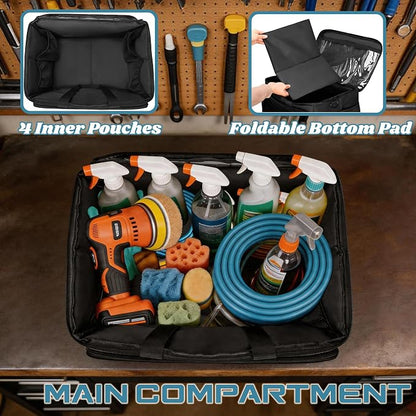 Large Car Detailing Organizer with Hard Pad Support, Car Detailing Bag with Multiple Pockets, Cleaning Bags for Housekeepers, Cleaning Supply Bag, Black