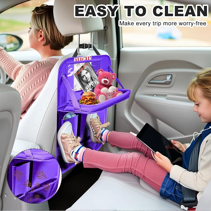 2Pack Car Backseat Organizer with Foldable Table Tray,6 Storage Pockets Car Storage Organizer with Tablet Holder,Car Seat Back Protectors Kick Mats Travel Accessories (Purple)