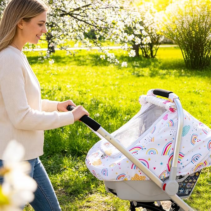 Car Seat Cover Baby Girls, Infant Car Seat Cover for Outdoor, Breathable Carseat Cover with Privacy Sun Shade & Mesh Window for Summer, Easy Access Baby Carrier Cover Fit Baby Stroller