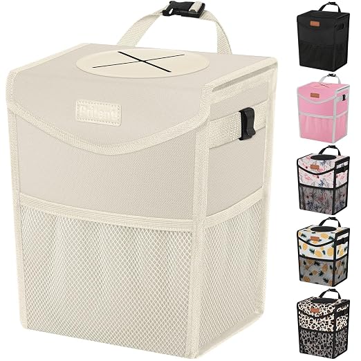 Pritent Car Trash Can with Lid, Cute Leakproof Car Trash Garbage Bag Hanging Vehicle Trash Bin Small Portable Automotive Garbage Cans Organizer for Back/Front Seat/Console(2.8 Gallons,Beige