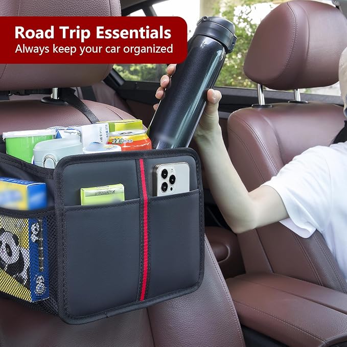 Hanging Car Seat Organizer Backseat Car Organizer - Premium PU Leather Car Backseat Organizer Road Trip Essentials, Multifunction Car Seat Back Organizer for Kids & Adults (Black)