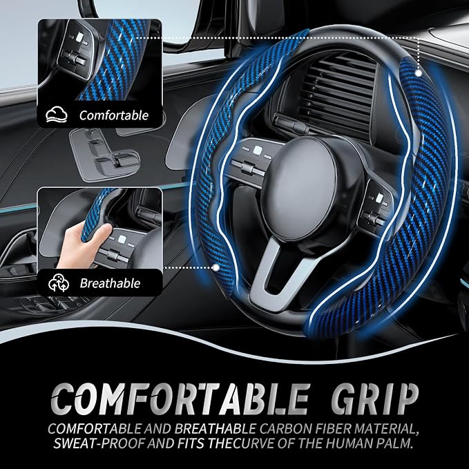 WOCOCN 2pcs Car Steering Wheel Cover,Anti-Skid Carbon Fiber Steering Wheel Protector for Men Women,Multiple Color Options,Universal for Most Car Interiors Accessories (Bright Bule)