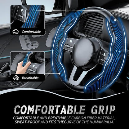 WOCOCN 2pcs Car Steering Wheel Cover,Anti-Skid Carbon Fiber Steering Wheel Protector for Men Women,Multiple Color Options,Universal for Most Car Interiors Accessories (Bright Bule)