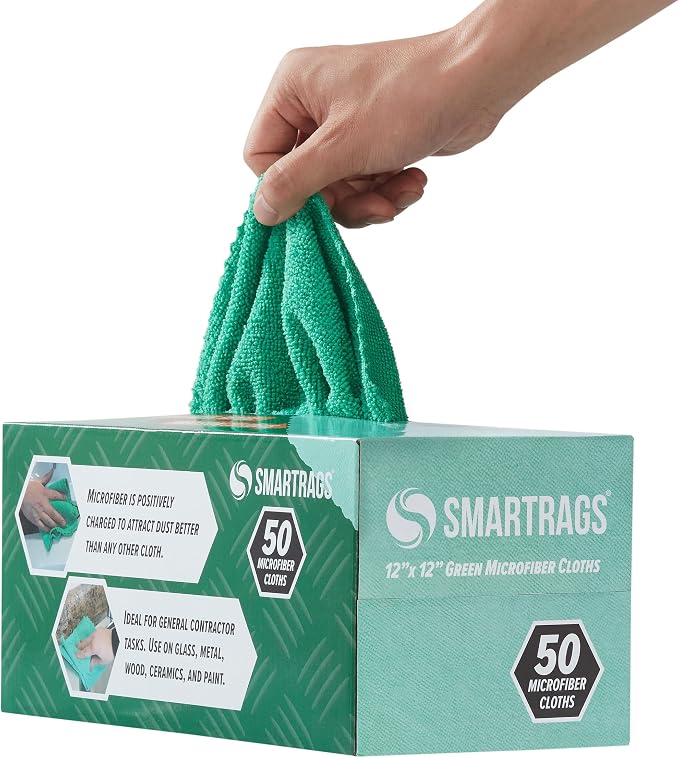 Arkwright Smart Rags Microfiber Cleaning Cloths, Pack of 50 in a Box, Lint Free 180 GSM Reusable Towels for Auto, Office and Household Cleaning, 12 x 12 in, Green