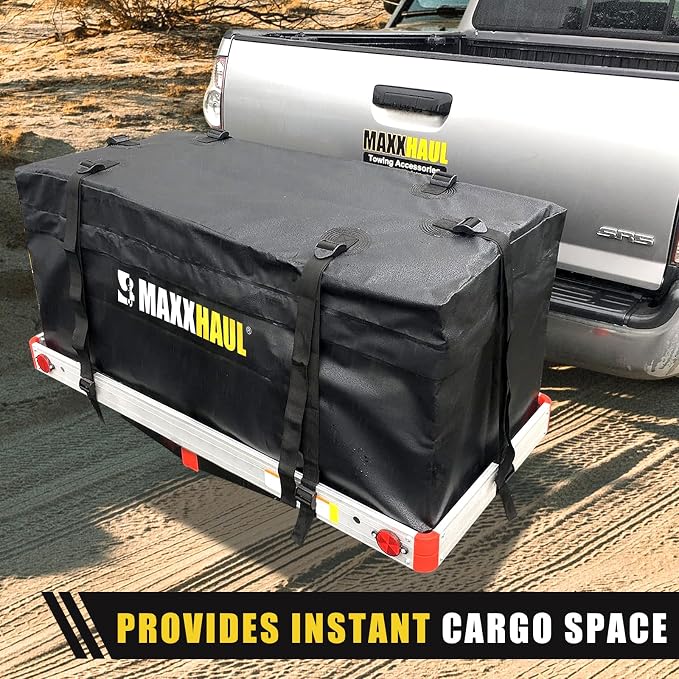 MaxxHaul 70209 Soft Shell Cargo Carrier Bag for Hitch Mount Cargo Rack - Heavy Duty and Water Resistant 47 inch 20 inch x 20 inch Black with Tie Down Straps