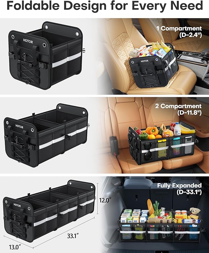 HOTOR Trunk Organizer for SUV – Car Storage Box with Reflective Strips, Collapsible Car Organizer with Large Capacity, Essential Car Accessories for Truck, Van & Sedan, Black, 33.1" x 13.0" x 12.0"