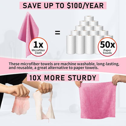 Microfiber Cleaning Cloth Roll, 75 Pack Tear Away Microfiber Towel, Reusable Washable Shop Towels, Lint Free Cleaning Rags for Car Home Kitchen Garage & Automotive 11.5"x11.5" Pink