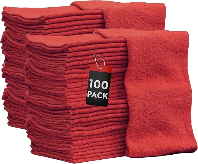 Nabob Wipers Auto Mechanic Shop Towels 100 Pack Bulk Rags 100% Cotton Commercial Grade Shop Rags Size 14"x14" (100 Pack, Red)
