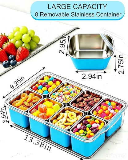 Snackle Box Container, Stainless Steel Divided Serving Tray with Lid and Handle, Large Snack Tray for Fruit Veggie Candy, 8-Compartment Snack Platter for Travel Beach Picnic,with Blue Silicone Sleeve