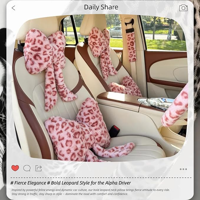 Car Neck Pillow 2PCS Plush Bowknot Car Headrest Pillow – Comfortable Neck Support for Driving Soft Touch Fabric Car Pillow Cute Interior Decor (Pink Leopard)