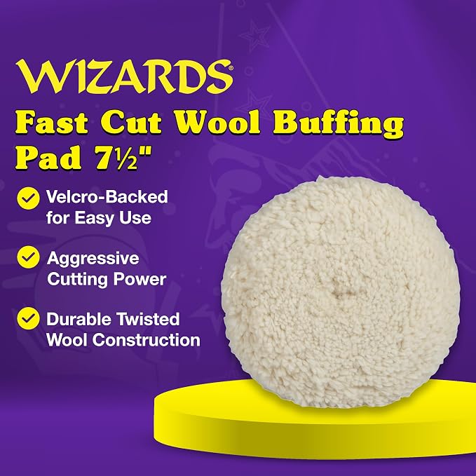 Wizards Fast Cut Wool Buffing Pad - Twisted Wool ‎and Velcro-Backed Wax Applicator Pad - for Auto Detailing, Cleaning and Protection - Aggressively Cuts Without Burning Paint - 7½" x 1"