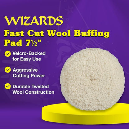 Wizards Fast Cut Wool Buffing Pad - Twisted Wool ‎and Velcro-Backed Wax Applicator Pad - for Auto Detailing, Cleaning and Protection - Aggressively Cuts Without Burning Paint - 7½" x 1"