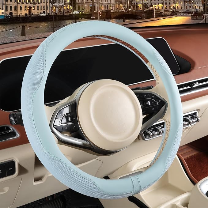 14 inch Steering Wheel Cover for Prius Civic, Nappa Microfiber Leather Non-Slip Breathable Fabric, Warm in Winter and Cool in Summer, Blue Small 13.5 inch to 14 inch