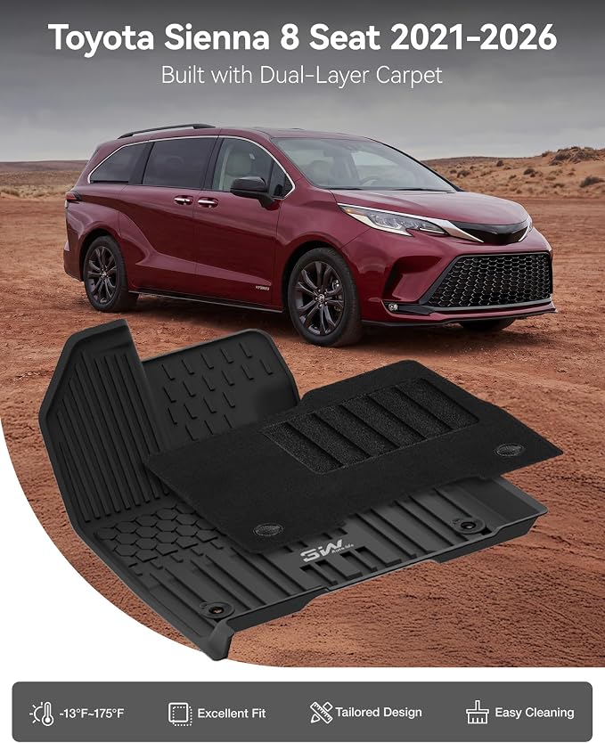 3W Floor Mats with Front Carpet & Trunk Mat for Toyota Sienna 2021-2026 LE/XLE(Only for 8 Seat), TPE All Weather Custom Fit Floor Liner for Sienna 1st, 2nd and 3rd Row and Cargo Mat, Black