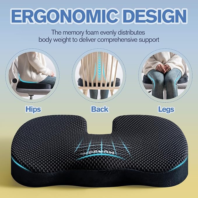 Mureon Office Chair Cushion - Large Memory Foam Ergonomic Chair Cushion for Back & Hip Pressure Relief - Non-Slip Seat Cushion for Car, Desk Chair & Tailbone Pain - Soft Support - Black