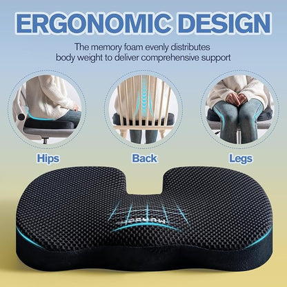Mureon Office Chair Cushion - Large Memory Foam Ergonomic Chair Cushion for Back & Hip Pressure Relief - Non-Slip Seat Cushion for Car, Desk Chair & Tailbone Pain - Soft Support - Black