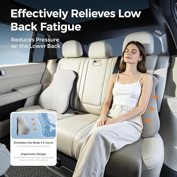 Lumbar Support Pillow for Car, Memory Foam Back Cushion for Driving Seat, Truck Accessories Travel Essentials, Back Pain Relief, Washable Cover, Plus Size Lower Back Support Fits Most Cars (Gray)