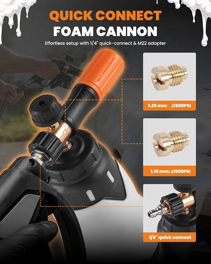 maXpeedingrods Foam Cannon for Pressure Washer, 1300ML Wide Mouth Quick Release Car Wash Foam Gun with Adjustable Soap Cannon & Thick Snow Foam, 1/4'' Quick Connector, with 2 Orifice Nozzle (White)