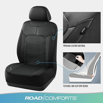 Road Comforts Seat Covers, Premium Leather Car Seat Covers Front Seats,Airbag Compatible, Automotive Seat Covers Universal Fit Most Cars,Vans,Truck,SUV Black