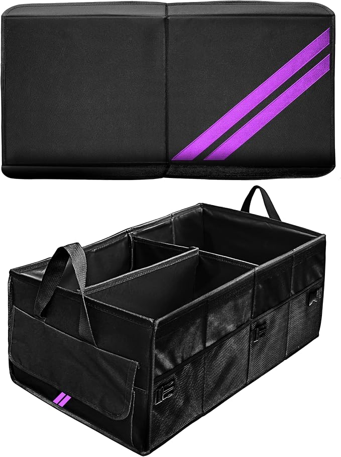 YOSRTER for Dodge Charger Durango Challenger Ram Car Trunk Organizer Collapsible Storage Box with Handle Foldable Lid Non Slip Bottom Sturdy Base Panel 2 Compartment Purple Trim