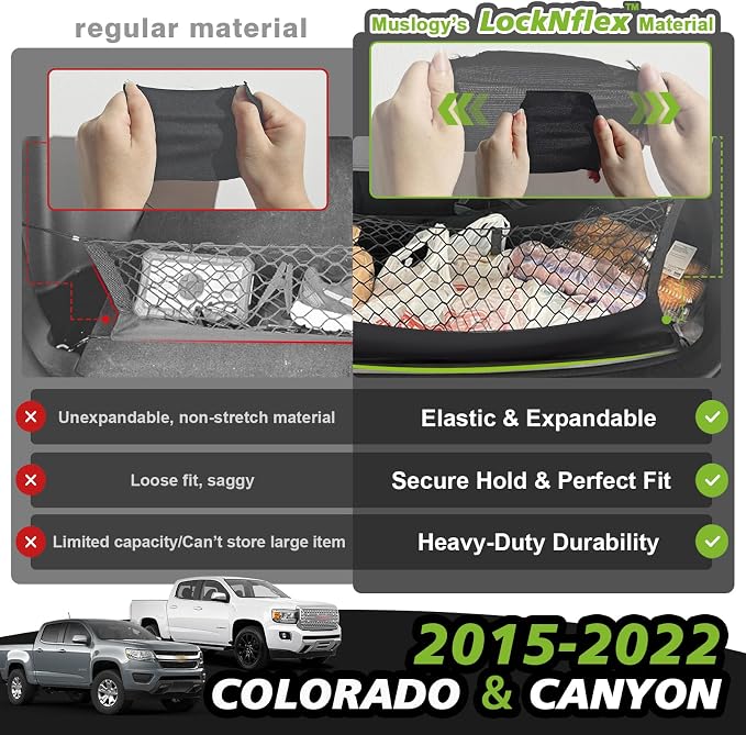 Muslogy Truck Bed Cargo Net Trunk Netting Compatible with 2015-2022 Chevy Colorado & GMC Canyon Accessories, Pickup Cargo Organizer SUV Sedan Storage Net w/Heavy Duty Carabiners