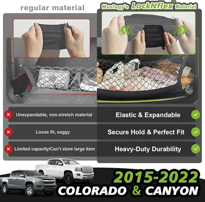 Muslogy Truck Bed Cargo Net Trunk Netting Compatible with 2015-2022 Chevy Colorado & GMC Canyon Accessories, Pickup Cargo Organizer SUV Sedan Storage Net w/Heavy Duty Carabiners