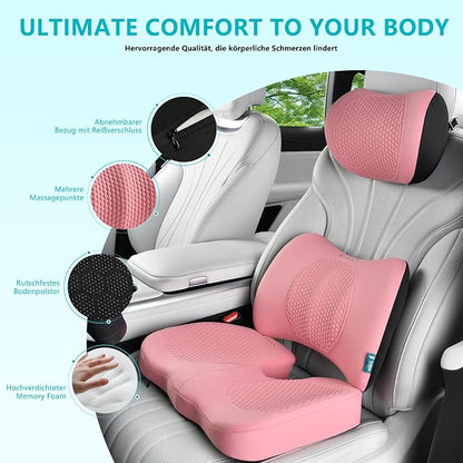 FLORICH 3 PCS Seat Cushion for Carseat Lumbar Support Pillow Car Neck Headrest Pillows Memory Foam Gel Memory Foam Massage Point Seat Pads Pressure Relief Back Cushion for Office Chair(Light Pink)