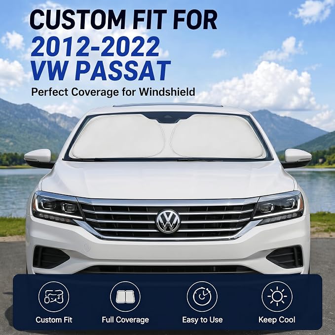 Custom Fit Windshield Sun Shade for Volkswagen VW Passat 2012-2022 | Custom Fit Windshield Cover, Blocks UV Rays, Double-Layer Heat Shield, Durable Frame, Easy Fold & Storage